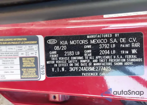 2021 Kia Forte Lxs из США, поврежденный, VIN 3KPF24AD8ME277425